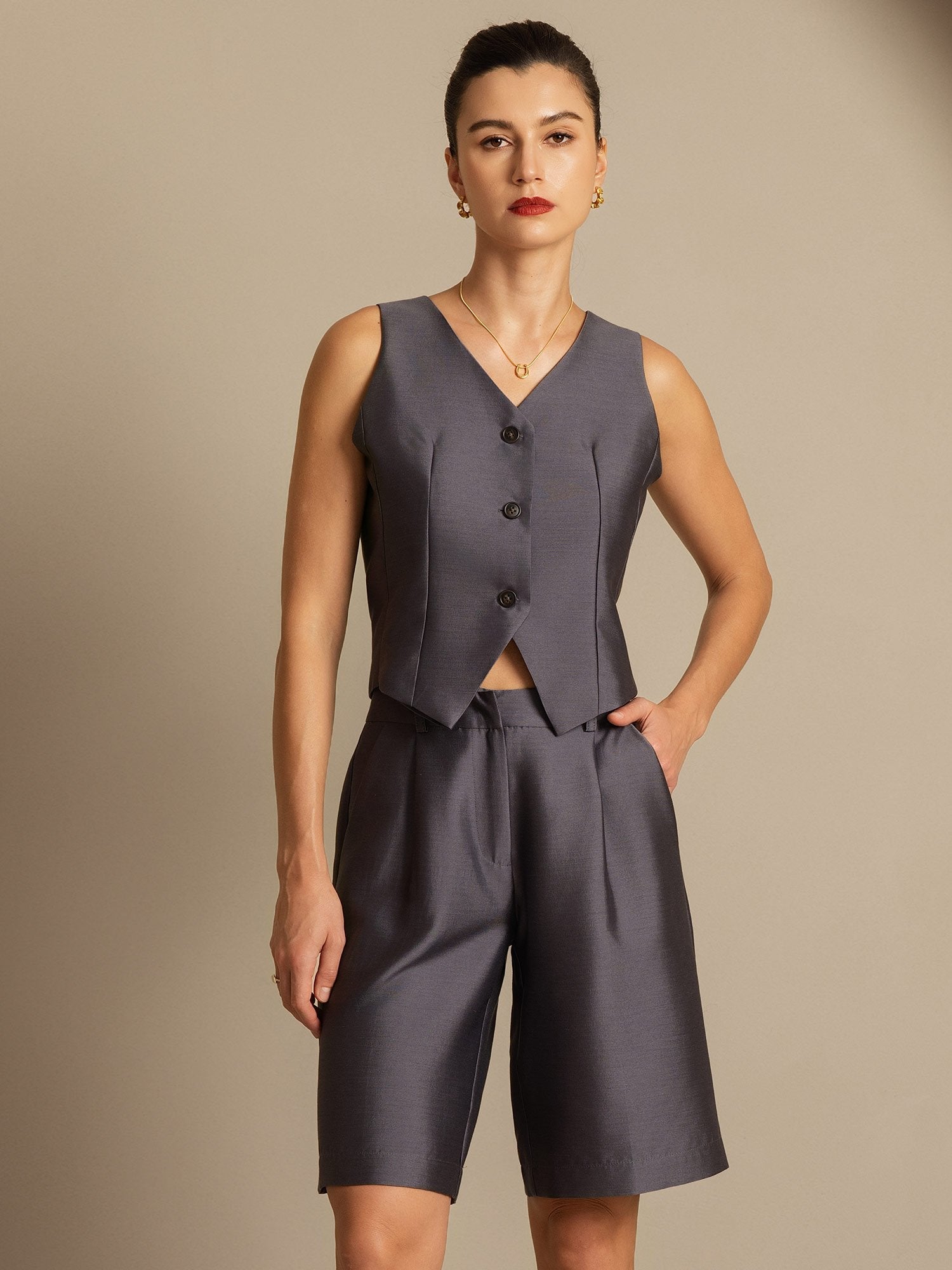 [Gris] SilkSilky-ES 32Momme Silk-Wool Blend Cuello en V Chaleco Mujer 006,