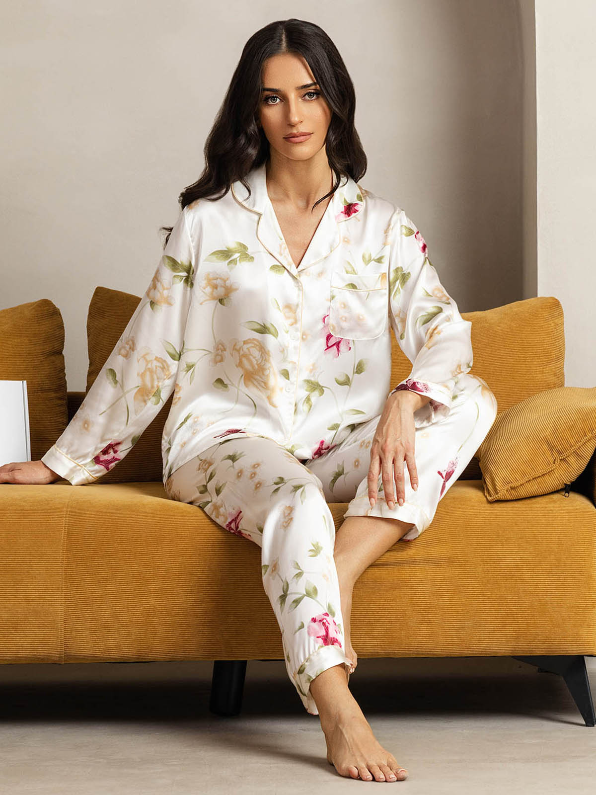 [Floral Marfil] SilkSilky-ES Seda Pura Womens Pajamas 004