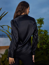 [Negro] SilkSilky-ES 19Momme Manga larga Cuello con Solapa Blusas de Mujer 002