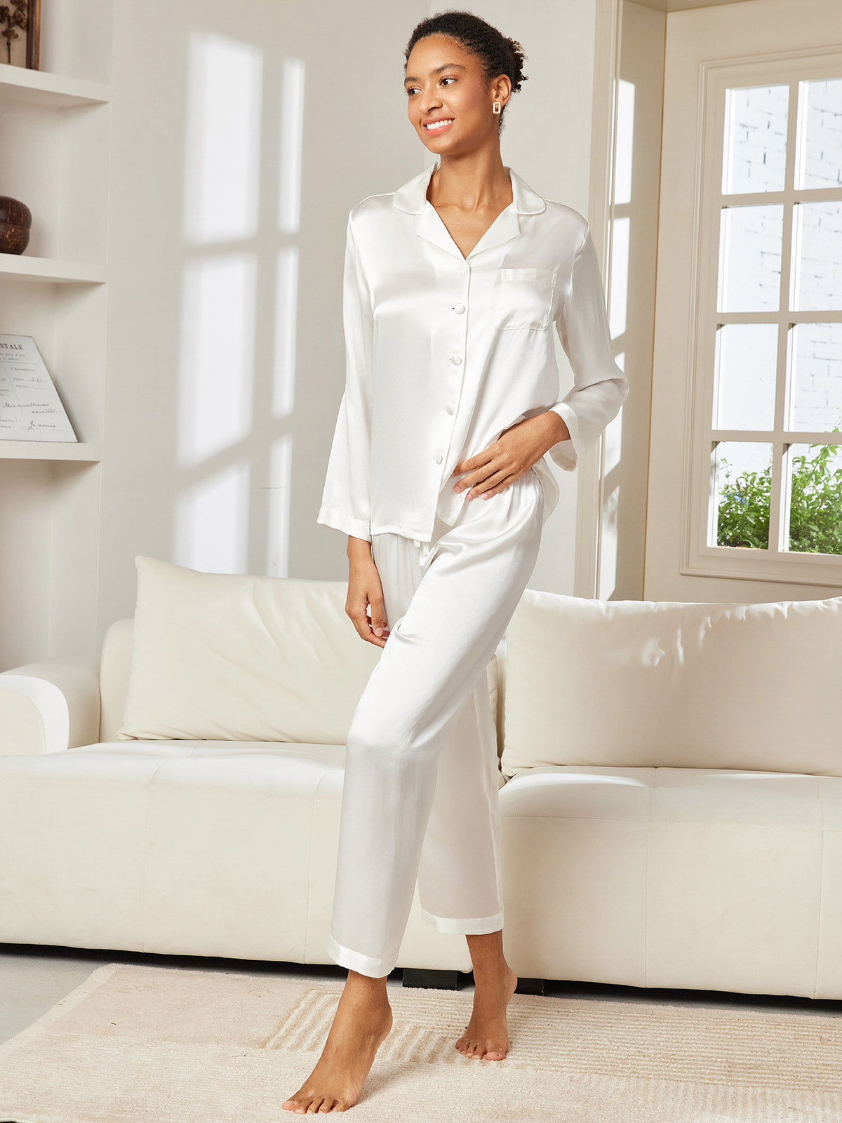 [Blanco] SilkSilky-ES Seda Pura Womens Pajamas 004,