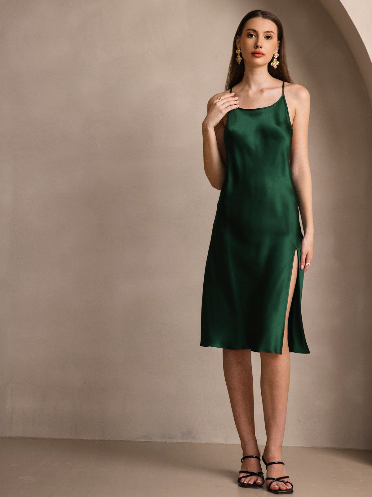 [Verde Oscuro] SilkSilky-ES Seda Pura Sin mangas Round Neck Vestido 004