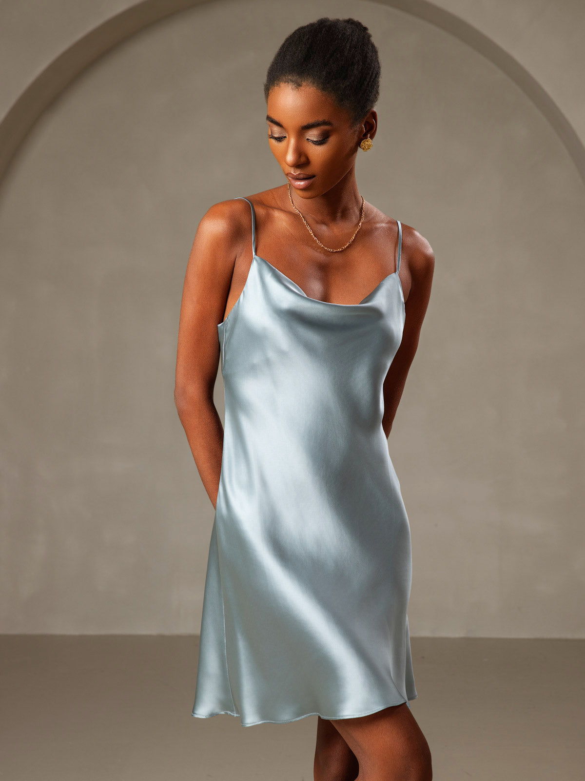 [Azul Grisáceo] SilkSilky-ES Seda Pura Escote Caído Vestido 005