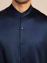 [Azul Oscuro] SilkSilky-ES Long Sleeve Stand Collar Camisa de hombre 007