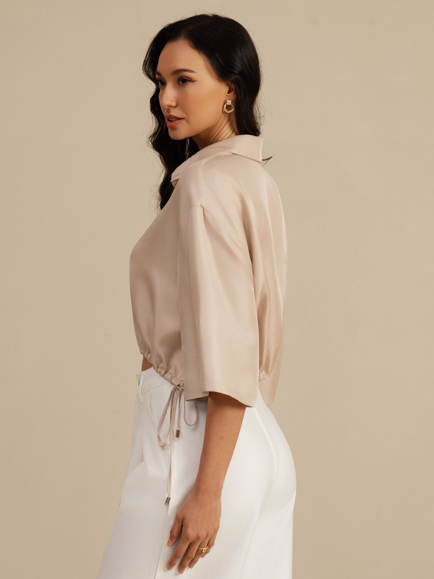 [Marrón Claro] SilkSilky-ES 18Momme A metà Cuello con Solapa Blusa 003