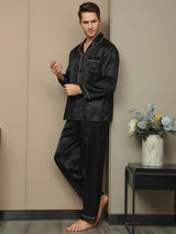 [Negro] SilkSilky-ES Long Sleeve Lapel Collar Pijamas de hombre 005