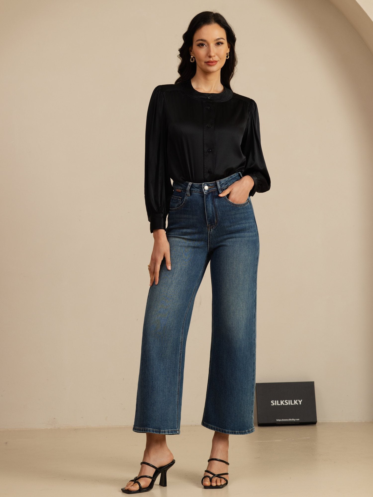 [Negro] SilkSilky-ES 19Momme Long Sleeve Round Neck Blusa 007