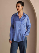[Raya Diplomática Azul] SilkSilky-ES Long Sleeve Lapel Collar Blusas de Mujer 004