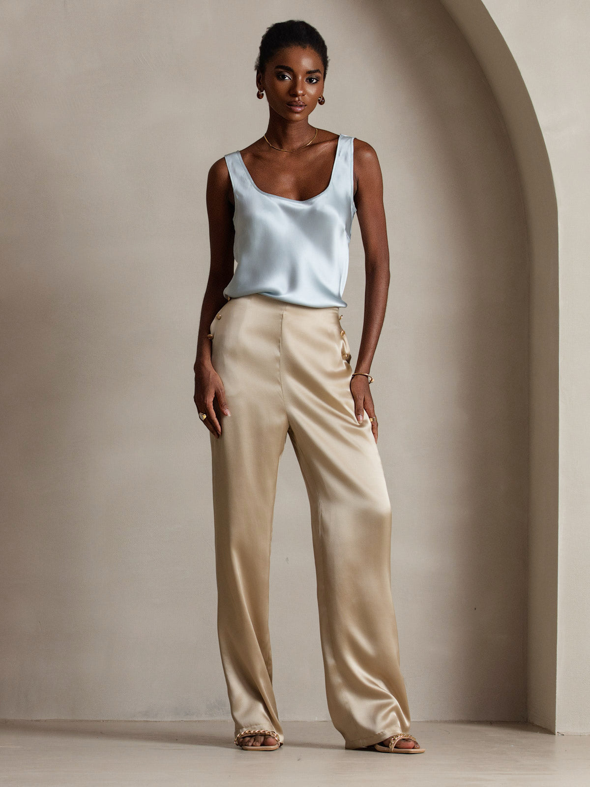 [Azul Claro] SilkSilky-ES 19Momme Sin mangas Escote Cuchara Top de tirantes 007