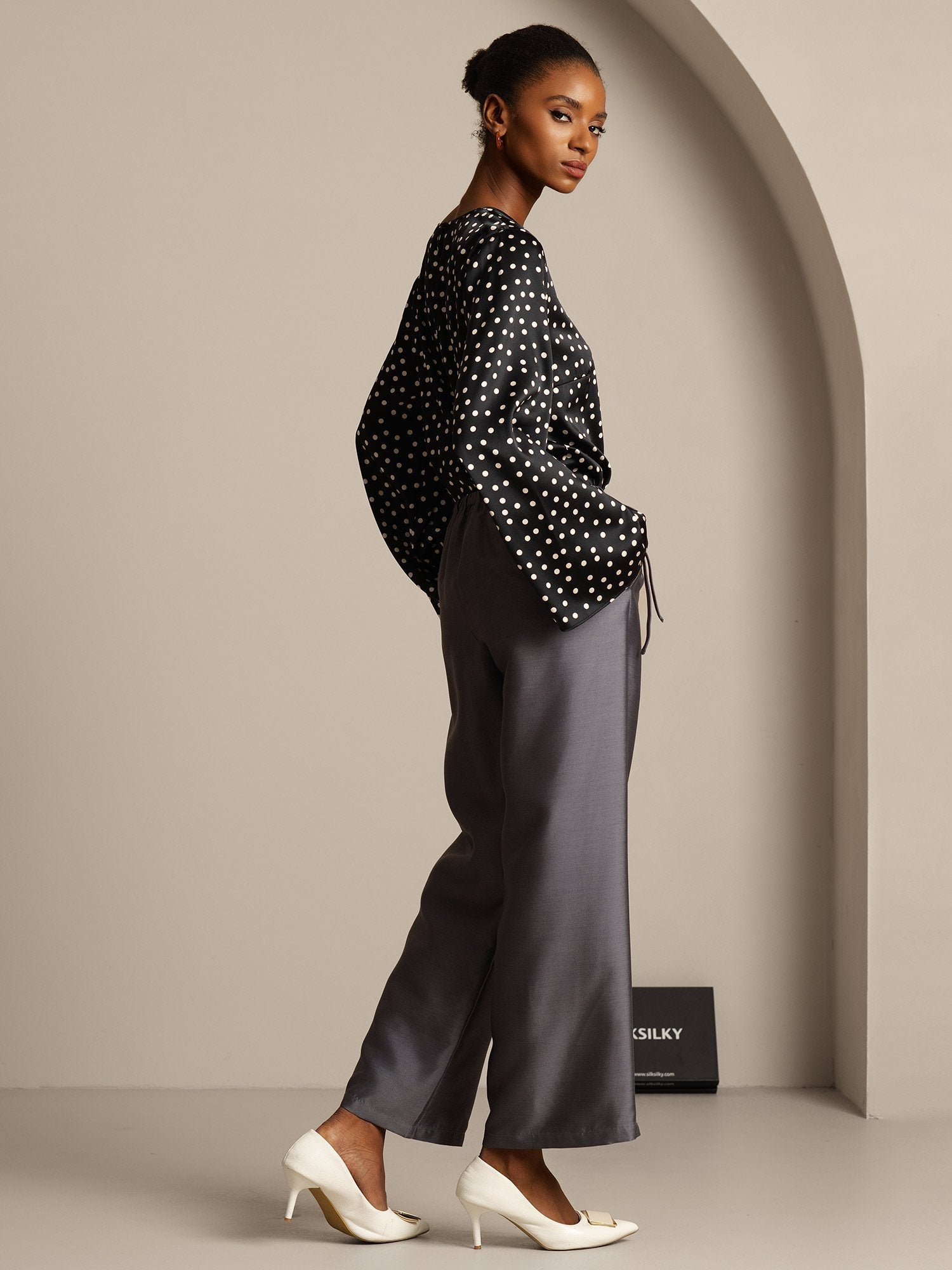 [Gris] SilkSilky-ES 32Momme Silk-Wool Blend Womens Pants 007,