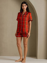[Cuadros Rojos] SilkSilky-ES Short Sleeve Notch Collar Pijamas de mujer 006