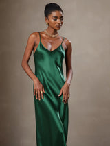 [Verde] SilkSilky-ES Spaghetti Strap V Neck Vestido 003