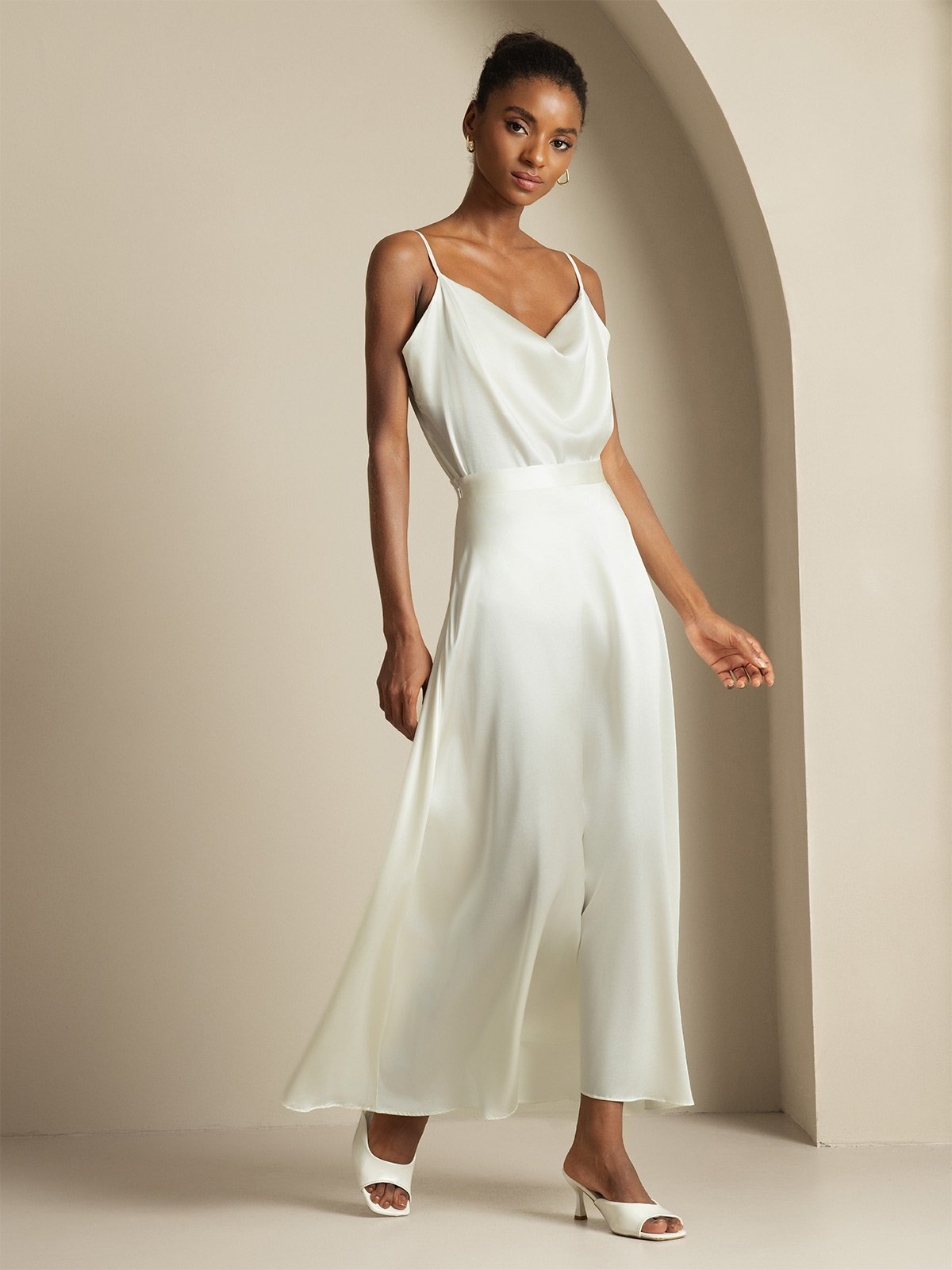 [Blanco] SilkSilky-ES 19Momme Seda Cuello Camisero Women''s Outfit Sets 004,