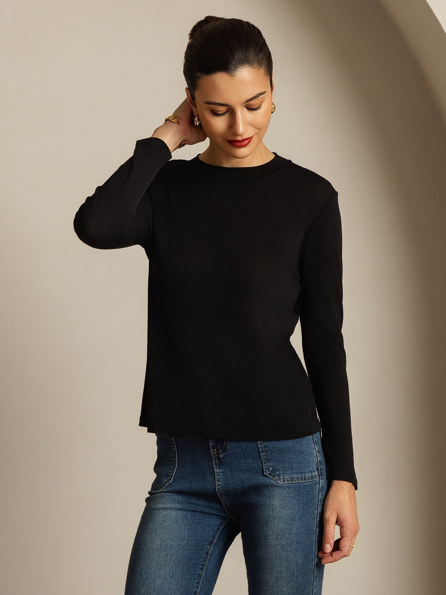 [Negro] SilkSilky-ES Seda Pura Womens T-Shirt 007