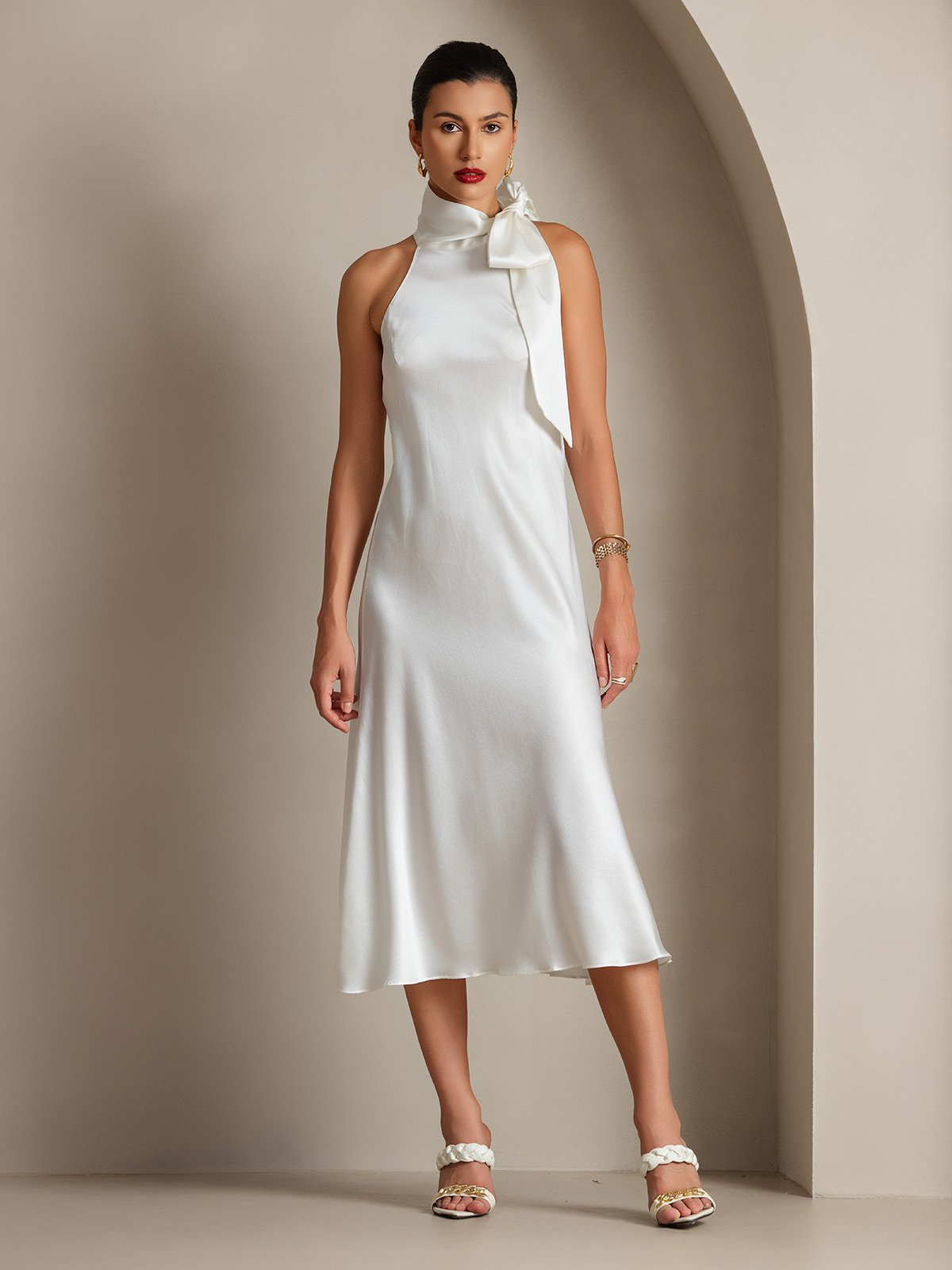 [Blanco] SilkSilky-ES 19Momme Seda Sin mangas Corbata Vestido 006