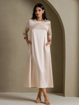 [Beige] SilkSilky-ES 3/4 Sleeve Round Neck Vestido 001