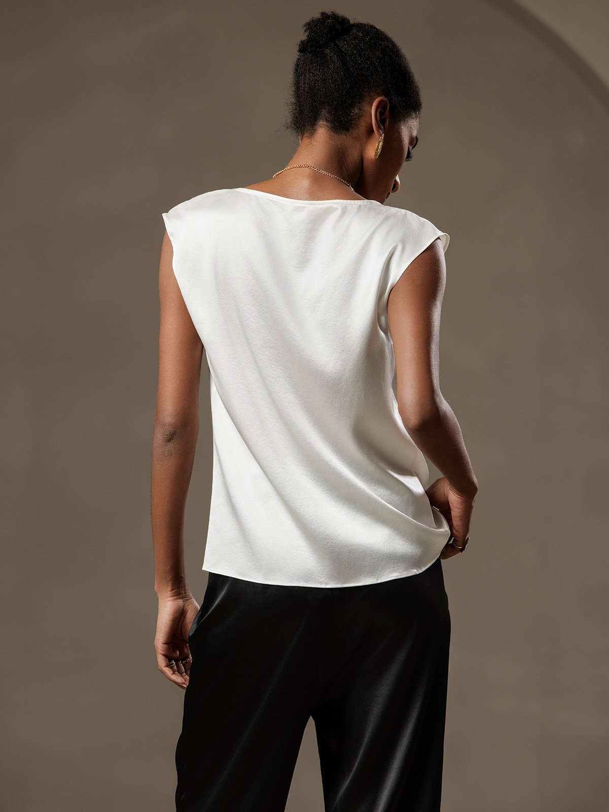 [Blanco] SilkSilky-ES 19Momme Seda Escote Caído Camisetas de Mujer 002