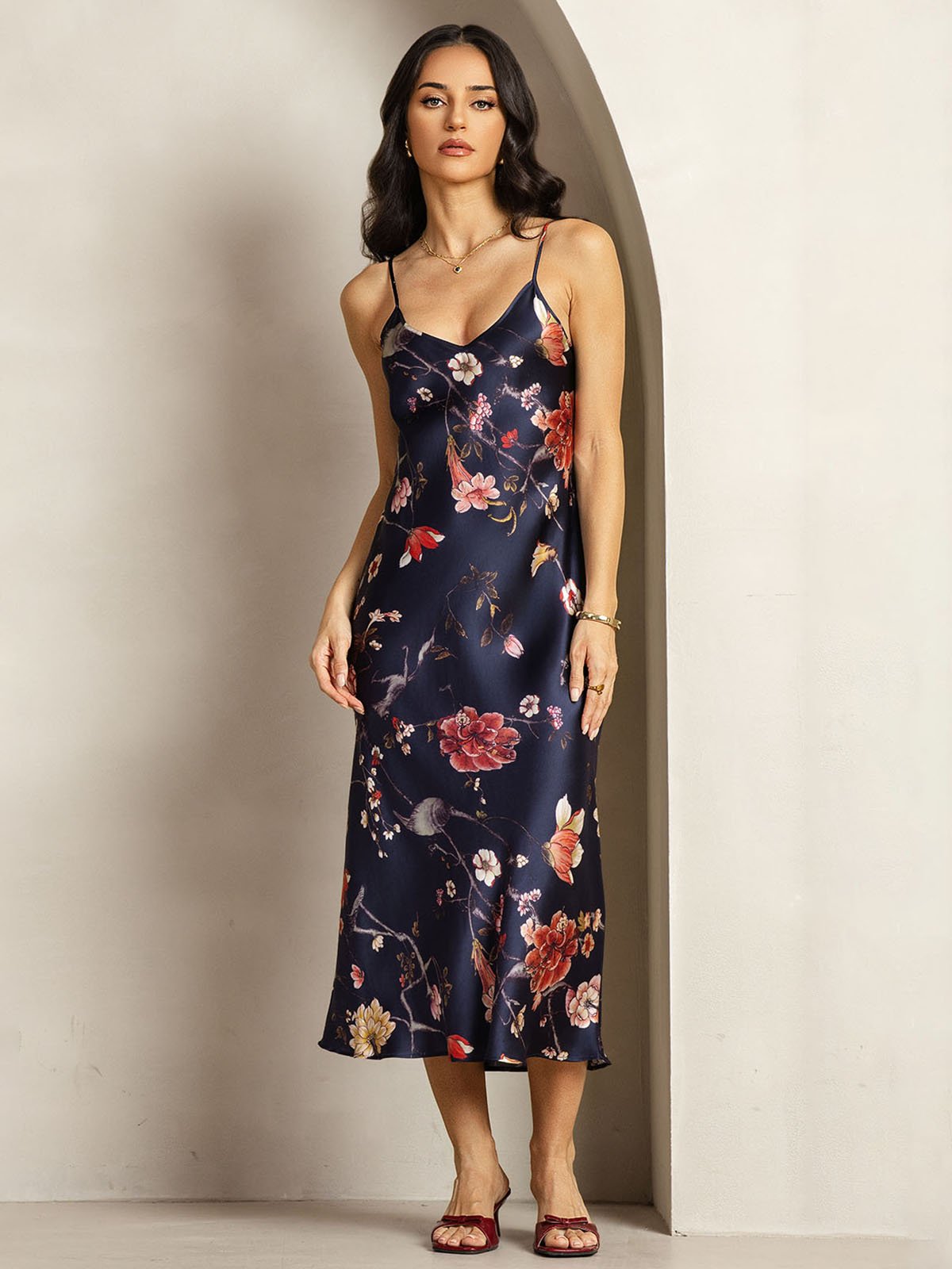[FloralAzulMarino] SilkSilky-ES 19Momme Seda Cuello en V Vestido 001