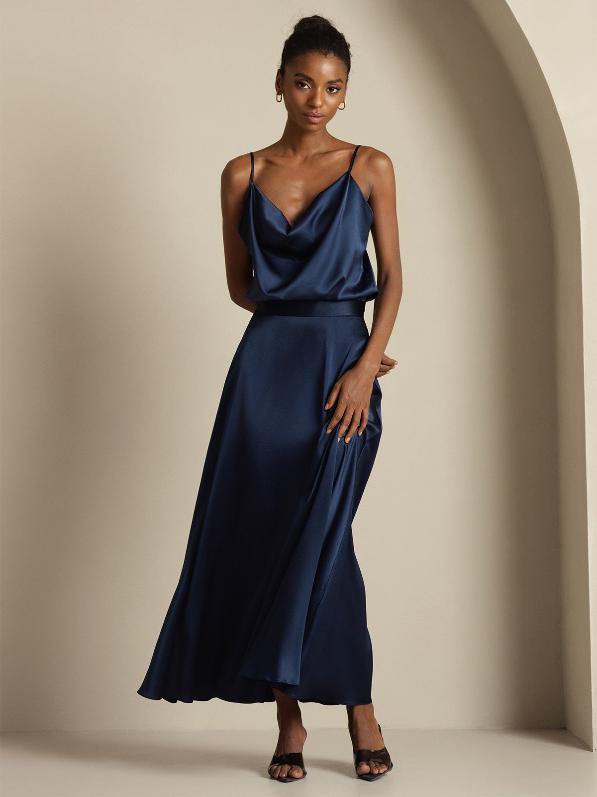 [Azul Oscuro] SilkSilky-ES 19Momme Seda Cuello Camisero Women''s Outfit Sets 004,