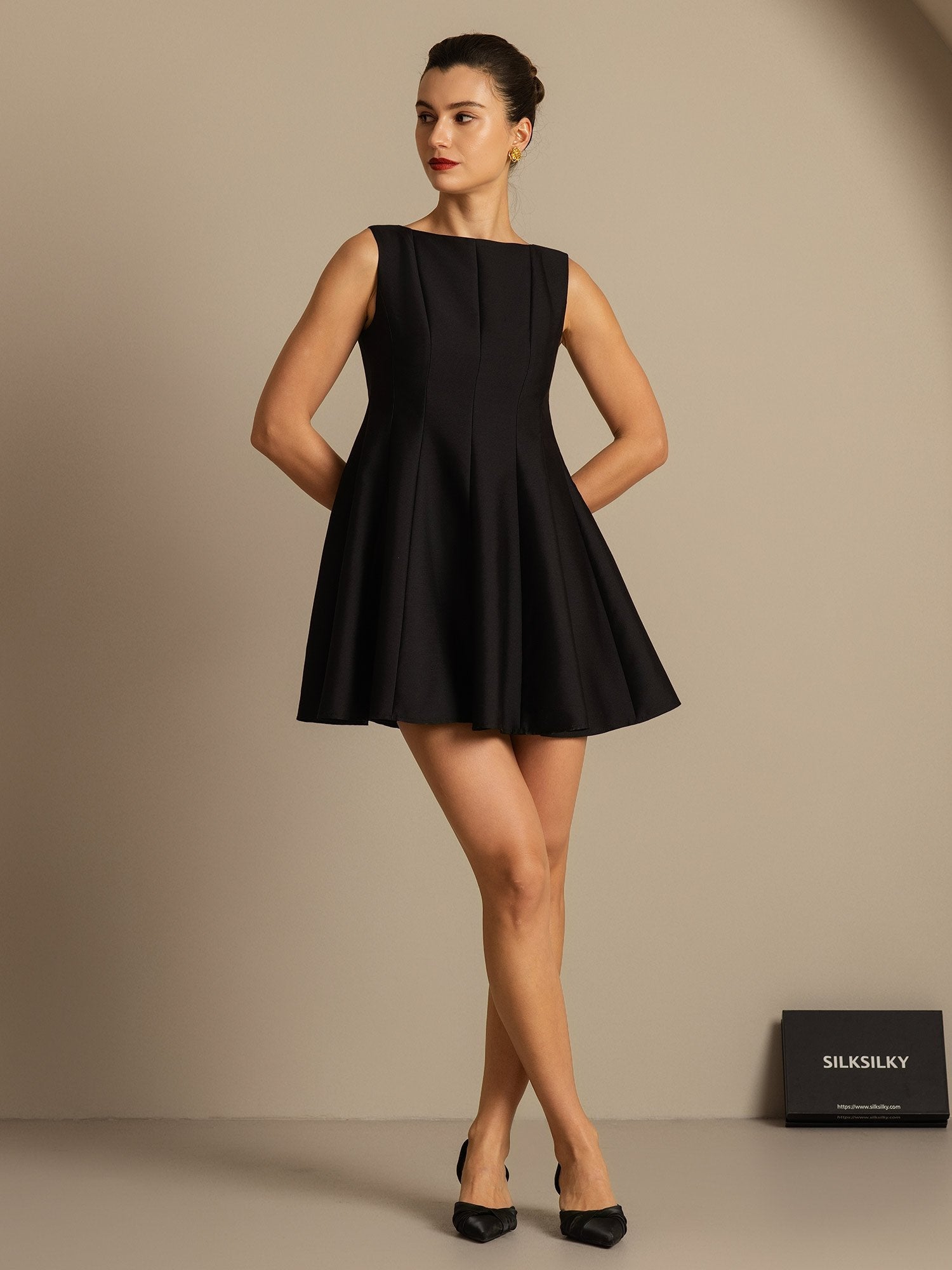 [Negro] SilkSilky-ES 32Momme Silk-Wool Blend Dress 007,
