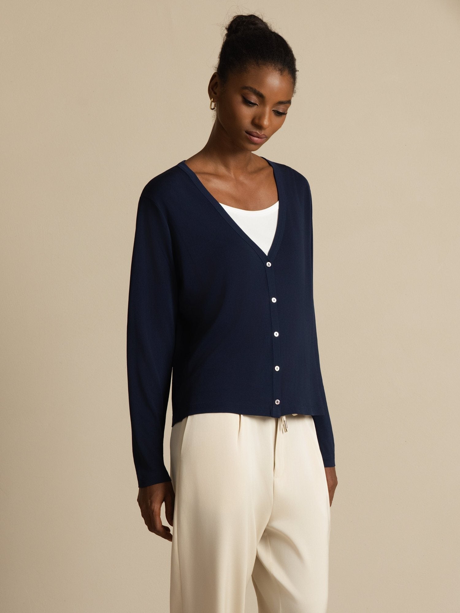 [Azul Oscuro] SilkSilky-ES Long Sleeve Cárdigan Mujer 001