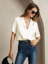 [Marfil] SilkSilky-ES Short Sleeve Lapel Collar Blusas de Mujer 006