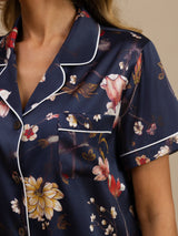 [Floral Azul Marino] SilkSilky-ES Manga corta Cuello de Muesca Pijamas de mujer 004