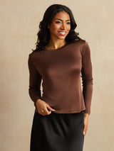 [Café] SilkSilky-ES Long Sleeve Crew Neck Camisetas de Mujer 001