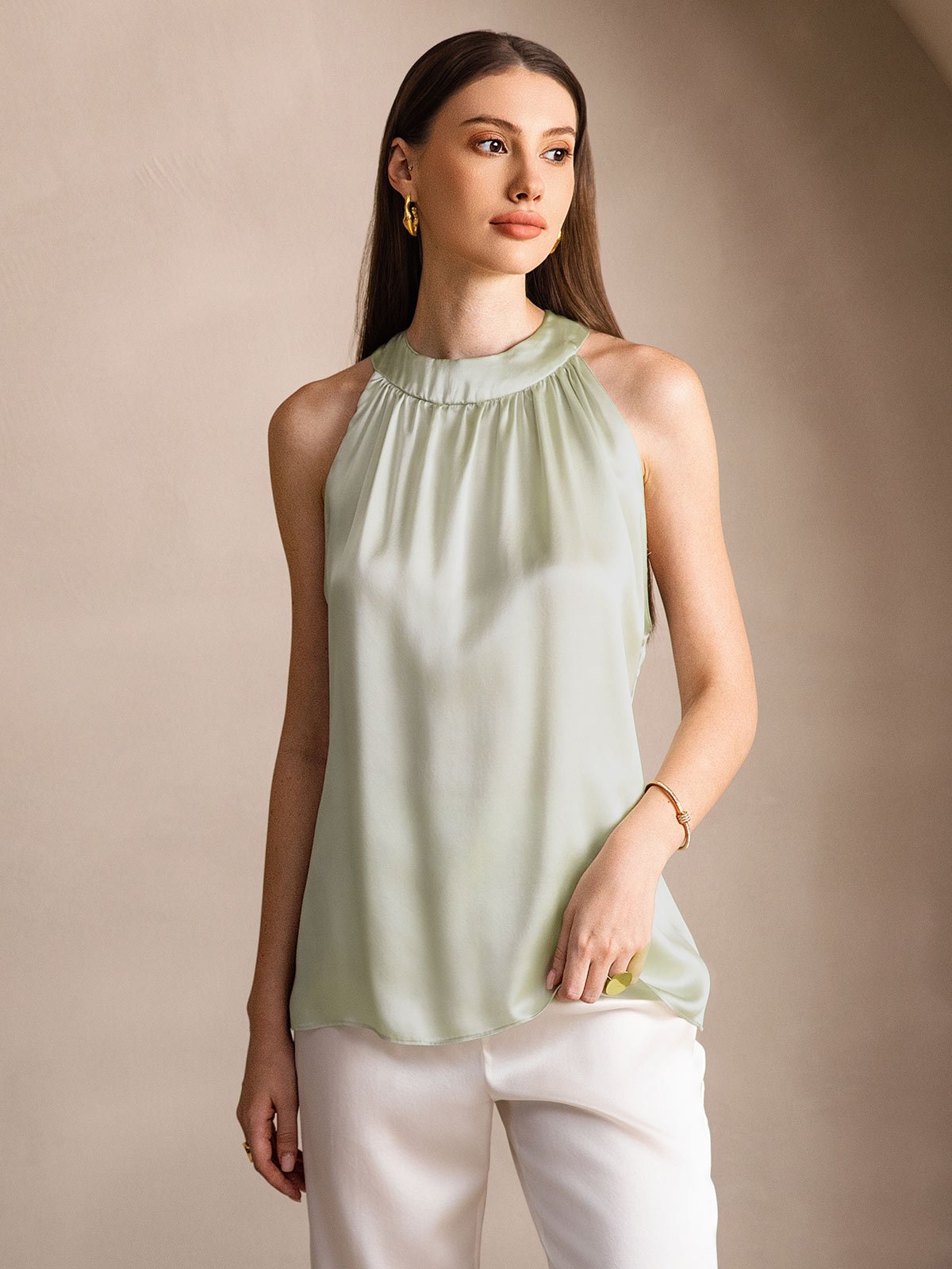 [Verde Claro] SilkSilky-ES 19Momme Seda Womens T-Shirt 001