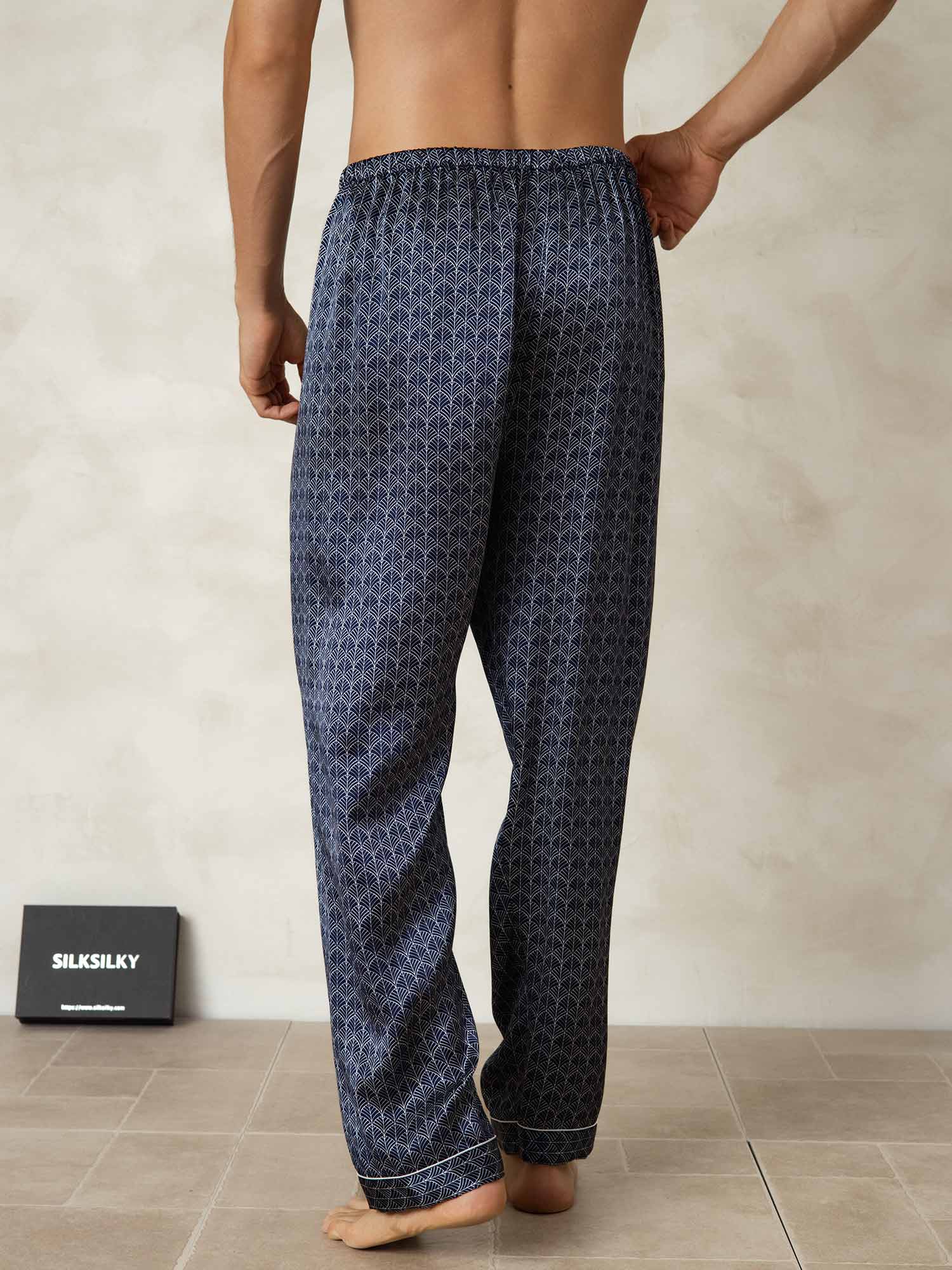 [Ginkgo Azul Marino] SilkSilky-ES Seda Pura Mens Sleep Bottoms 002