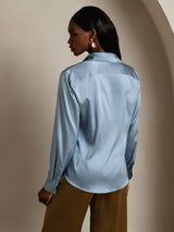 [Azul Grisáceo] SilkSilky-ES Long Sleeve Lapel Collar Blusas de Mujer 002