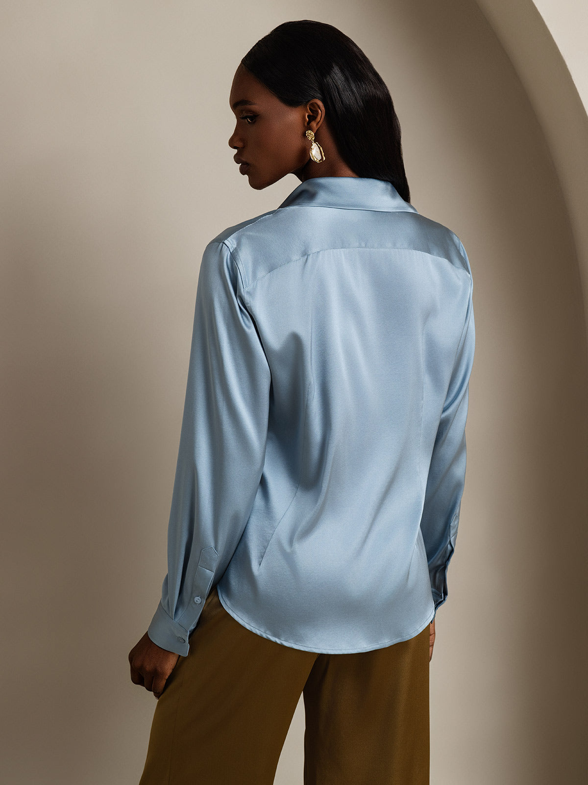 [Azul Grisáceo] SilkSilky-ES Seda Lapel Collar Blusas de Mujer 002