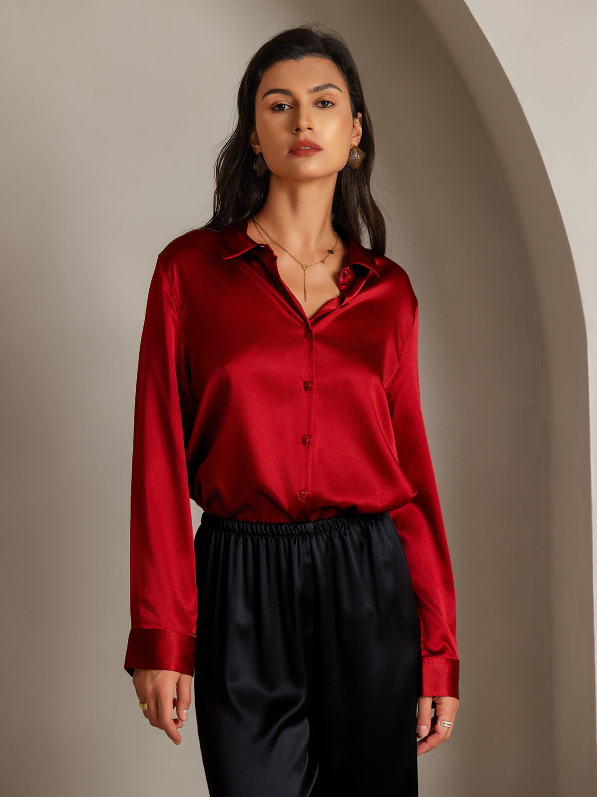 [Rojo] SilkSilky-ES Seda Manga larga Cuello Camisero Blusas de Mujer 001
