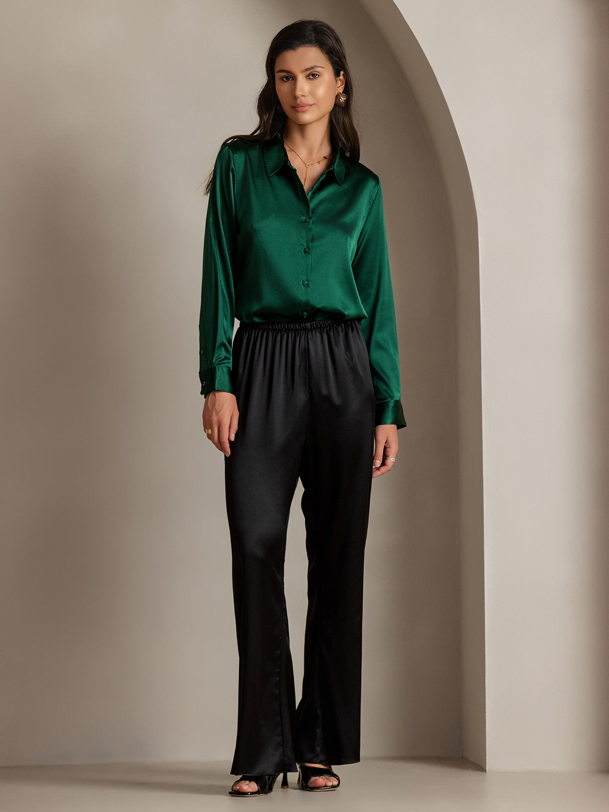 [Verde Oscuro] SilkSilky-ES 19Momme Manga larga Cuello con Solapa Blusas de Mujer 004