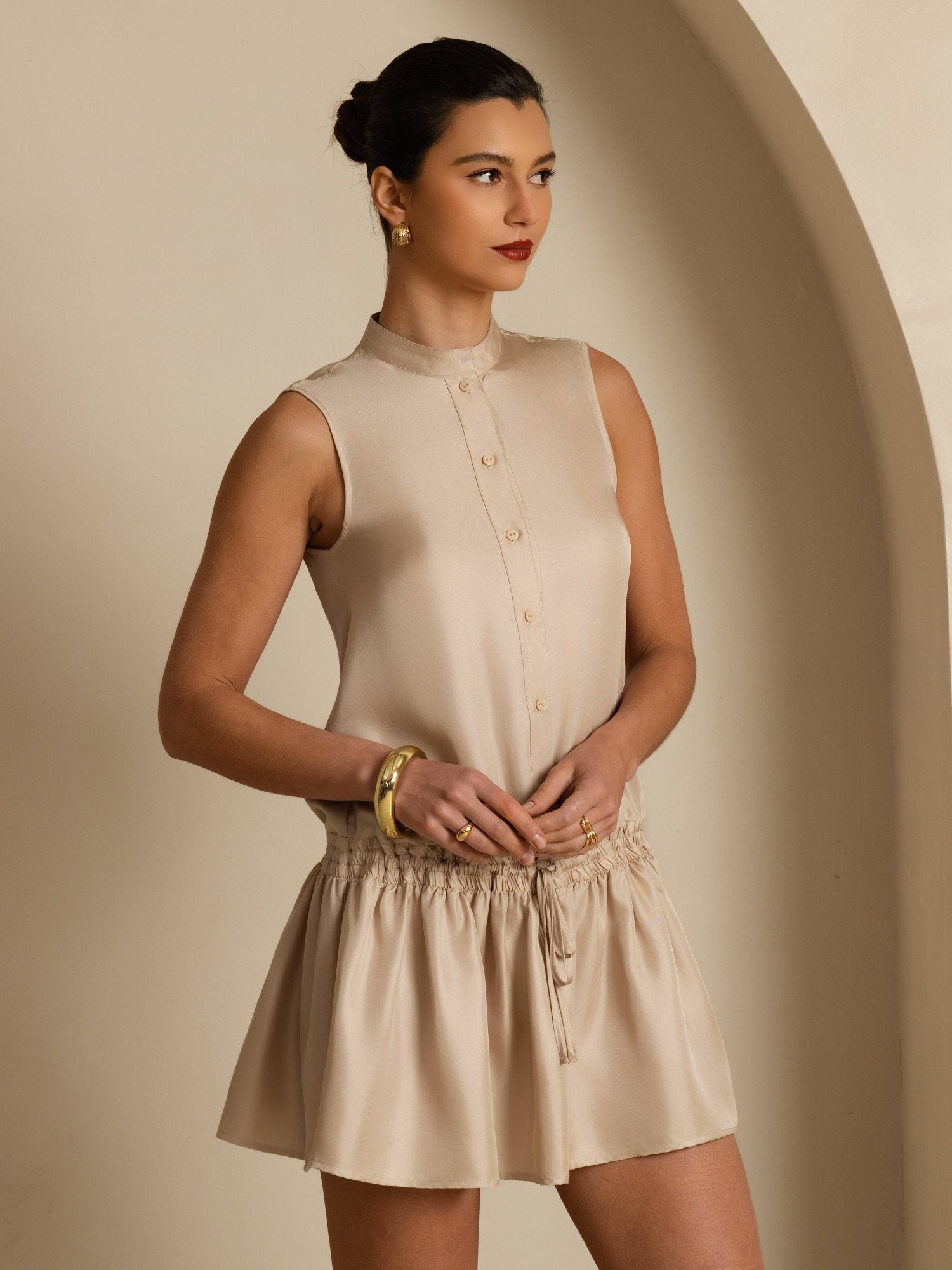 [Marrón Claro] SilkSilky-ES 18Momme Sin mangas Cuello Alto Vestido 004