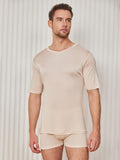 SilkSilky-ES Tejido de seda Manga corta Cuello en V Camiseta de hombre Beige 003