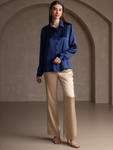 [Azul Oscuro] SilkSilky-ES Long Sleeve Lapel Collar Blusas de Mujer 007
