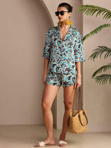[Botánico Teal] SilkSilky-ES Short Sleeve Notch Collar Pijamas de mujer 005