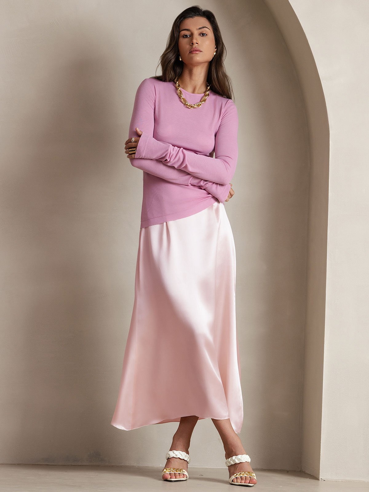 [Rosa] SilkSilky-ES 19Momme Falda 001