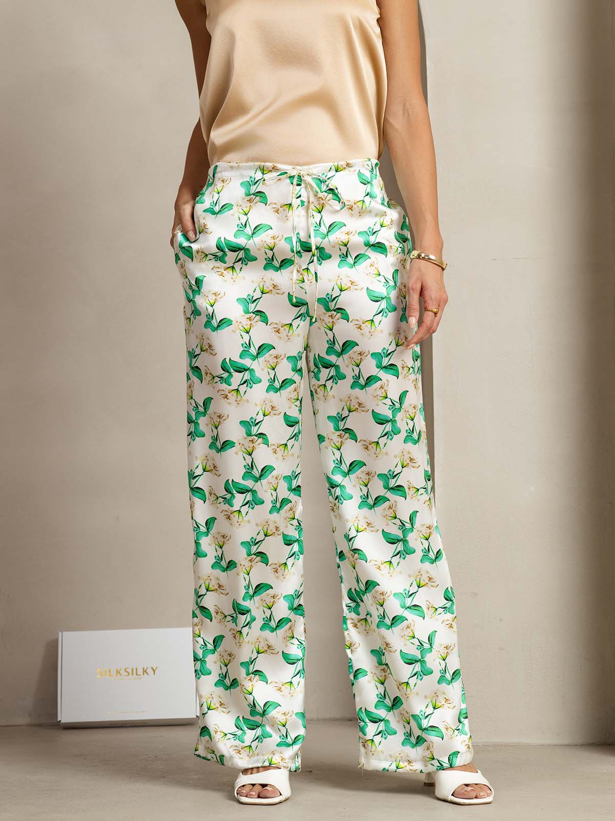 [Floral Verde] SilkSilky-ES 19Momme Seda Womens Pants 003