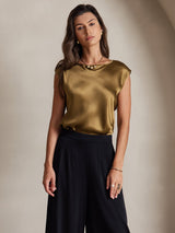 [Marrón] SilkSilky-ES Cap Sleeve Round Neck Camisetas de Mujer 003