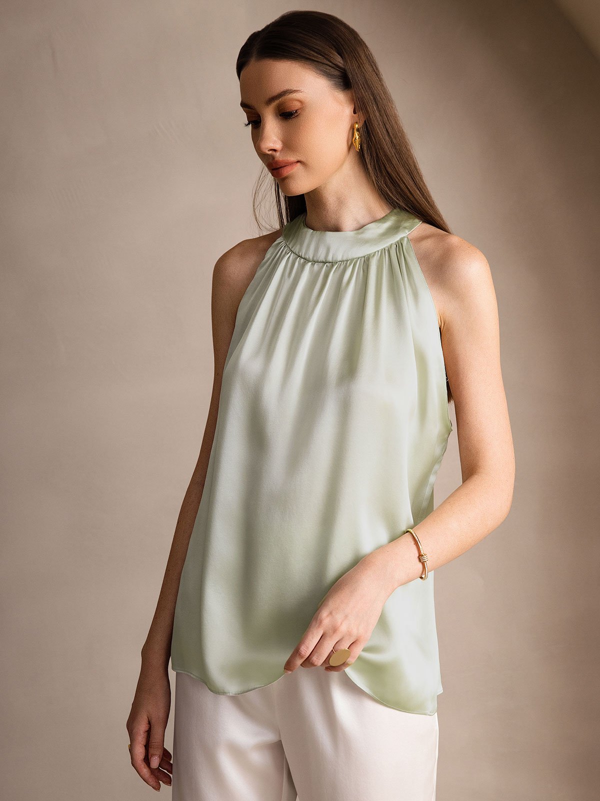 [Verde Claro] SilkSilky-ES 19Momme Seda Womens T-Shirt 004