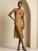 [Marrón] SilkSilky-ES Spaghetti Strap Cuello en U Vestido 003
