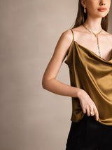 [Marrón] SilkSilky-ES Spaghetti Strap Cowl Neck Top de tirantes 004