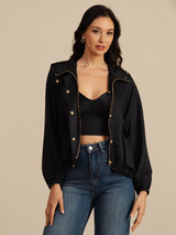 [Negro] SilkSilky-ES Manga larga Cuello Alto Chaqueta de mujer 006