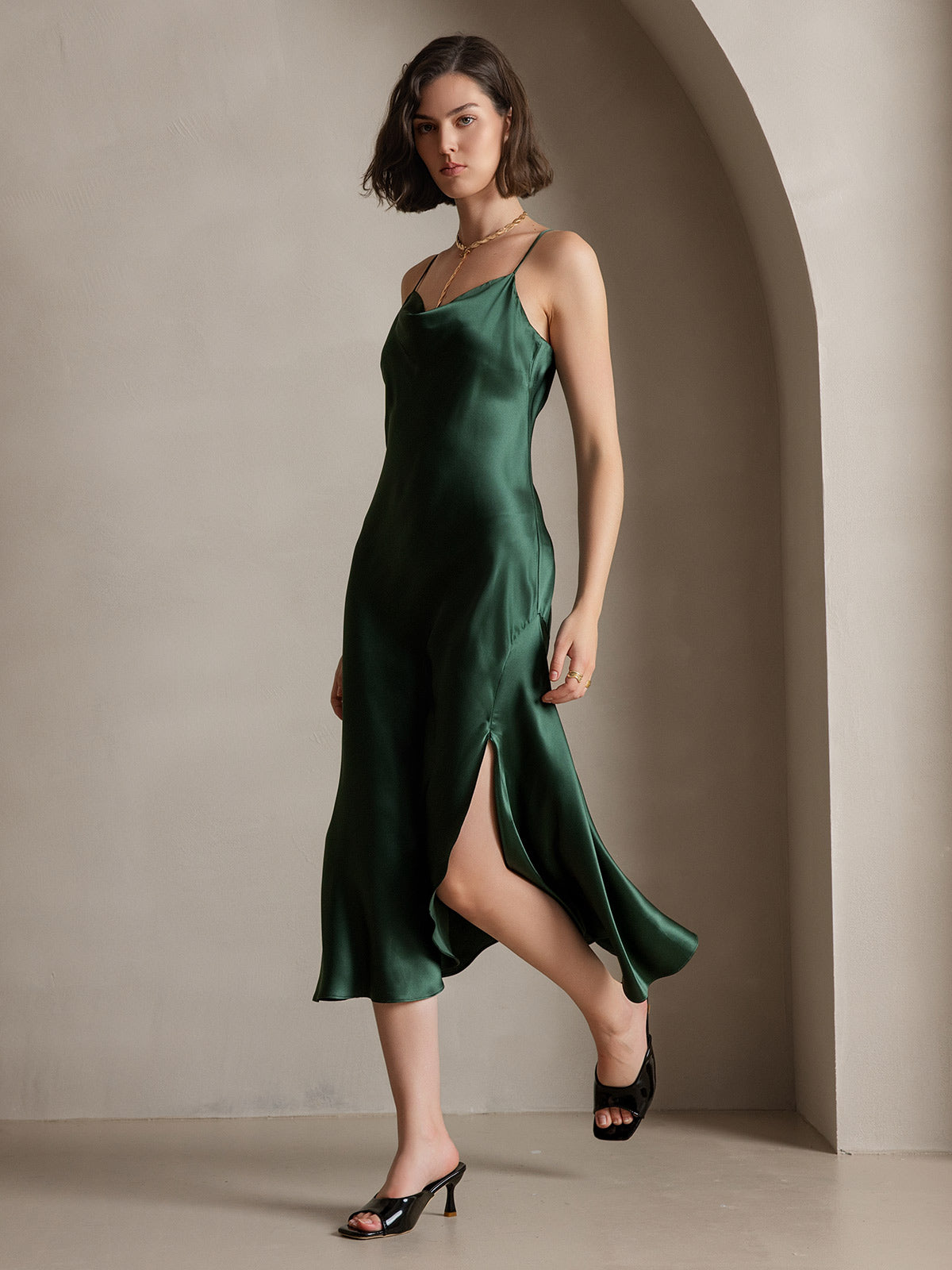 [Verde Oscuro] SilkSilky-ES 19Momme Seda Pura Sin mangas Escote Caído Vestido 007