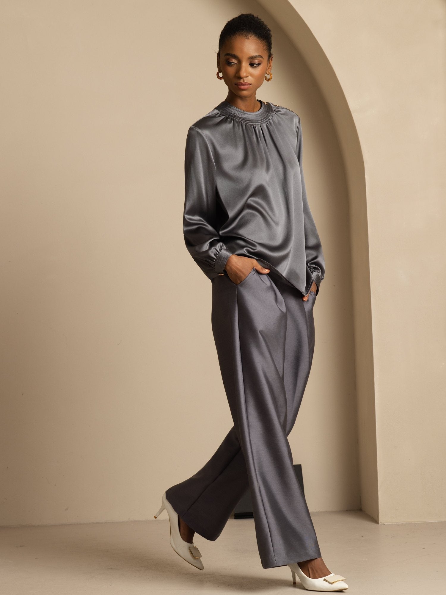 [GrisOscuro] SilkSilky-ES 19Momme Seda Manga larga Cuello Redondo Blusa 007