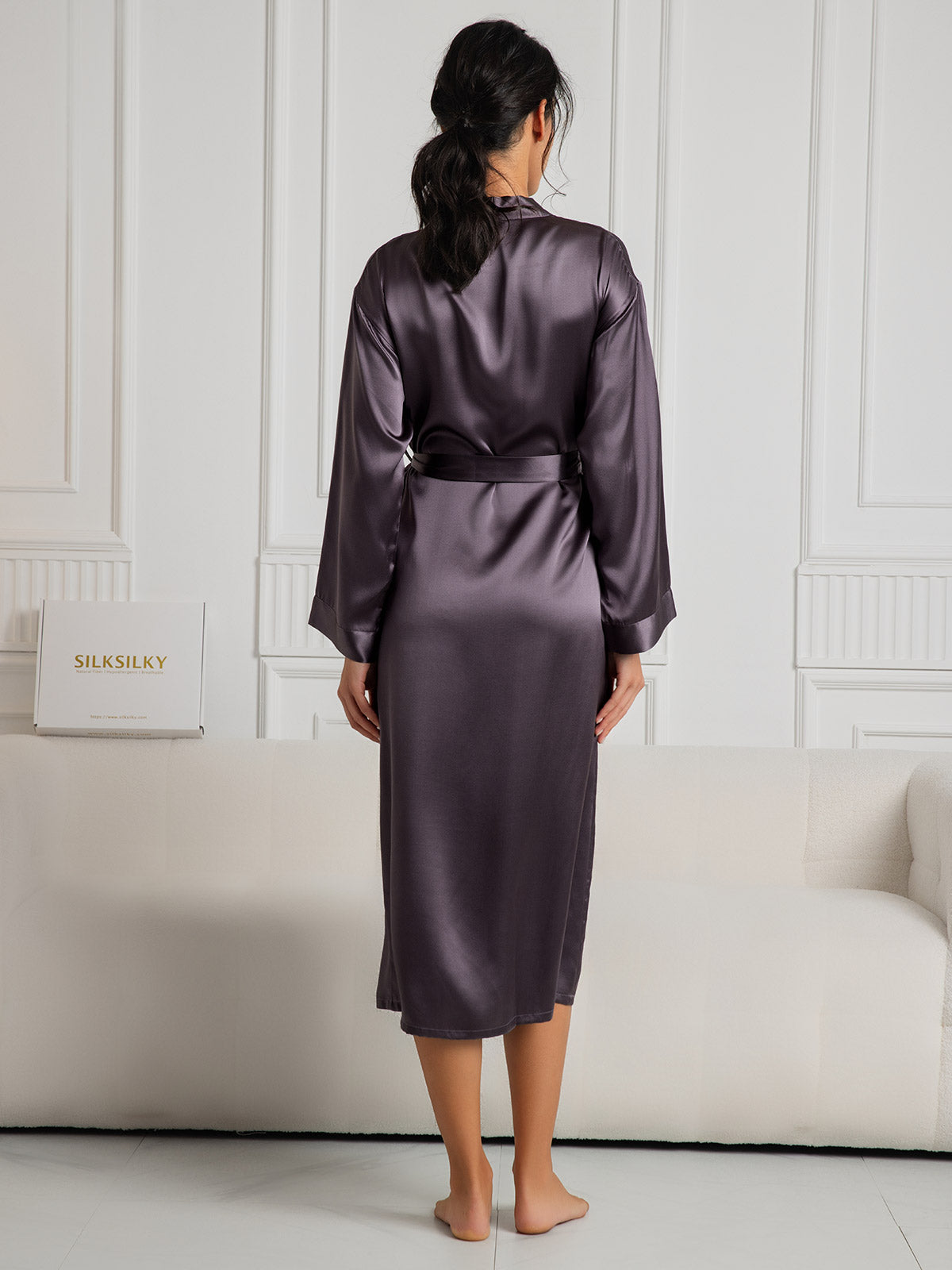 [Gris Púrpura] SilkSilky-ES Seda Pura Womens Robe 002