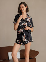 [Negro] SilkSilky-ES Short Sleeve Lapel Collar Pijamas de mujer 004