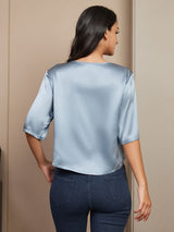 [Azul Grisáceo] SilkSilky-ES A metà Escote Cuchara Camisetas de Mujer 002