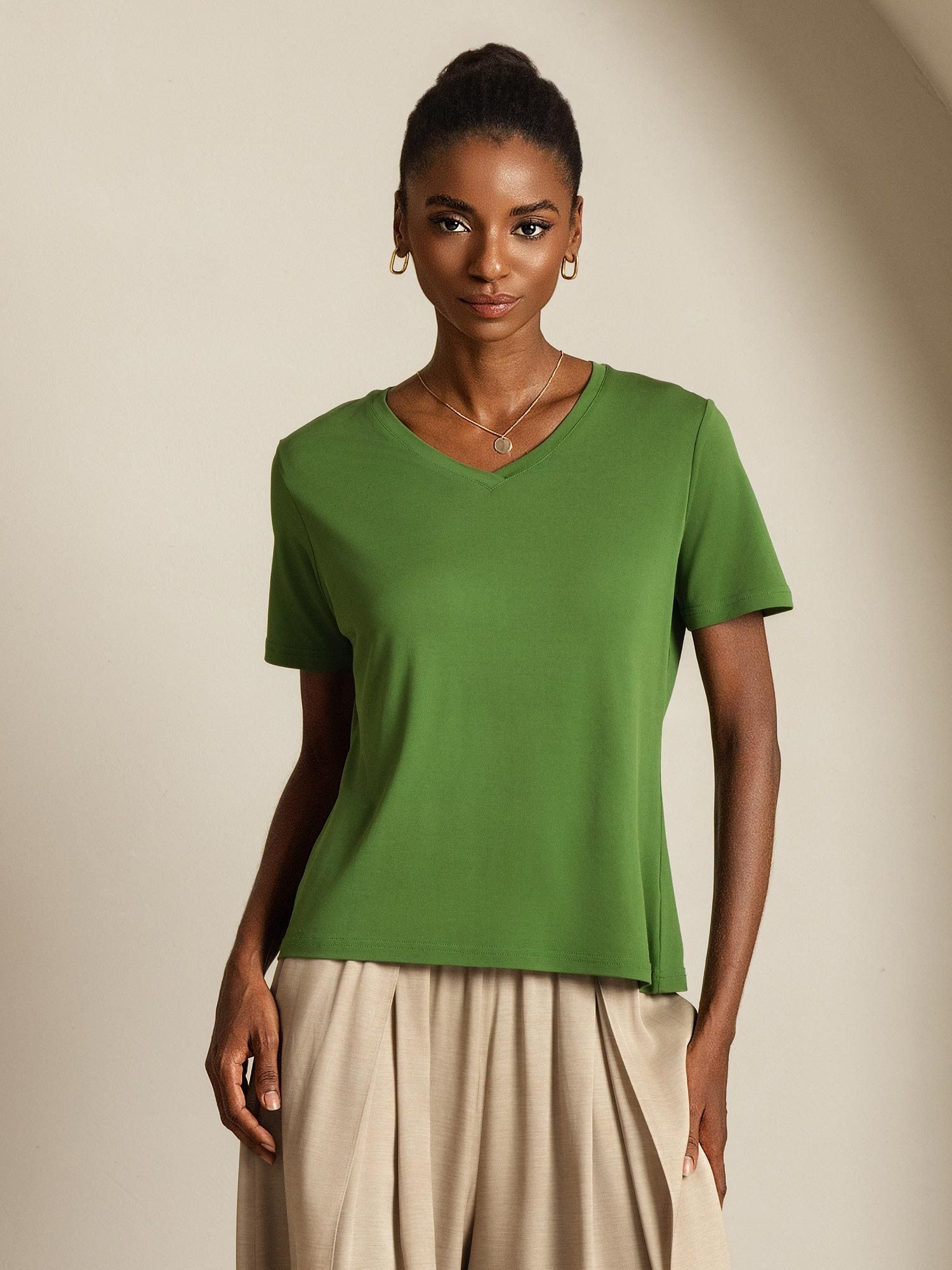 [Verde] SilkSilky-ES Seda Pura Cuello en V Camisetas de Mujer 008